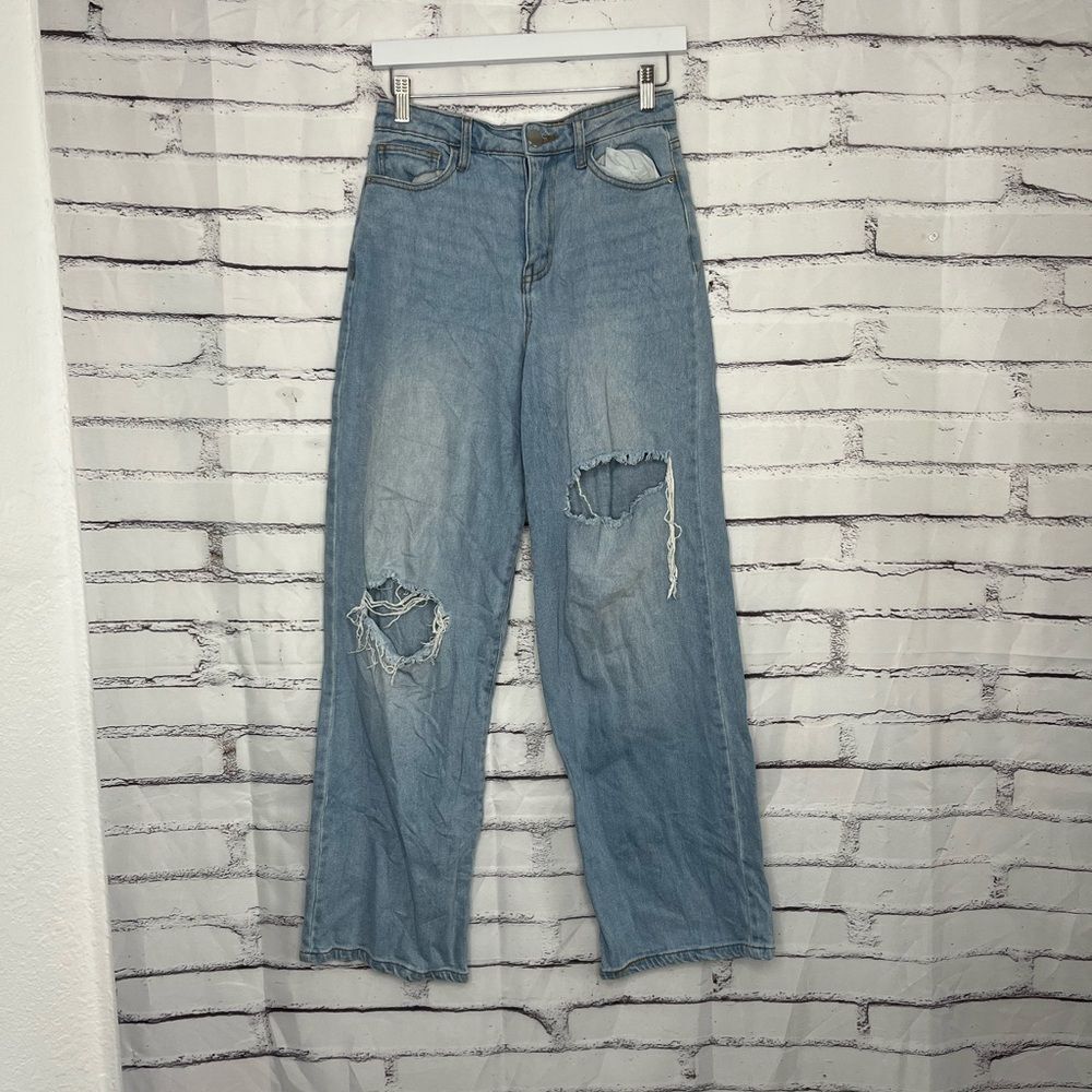 GB High Rise Wide Leg Jeans Light Wash Distressed Women’s 3 Ripped Knees 26x31